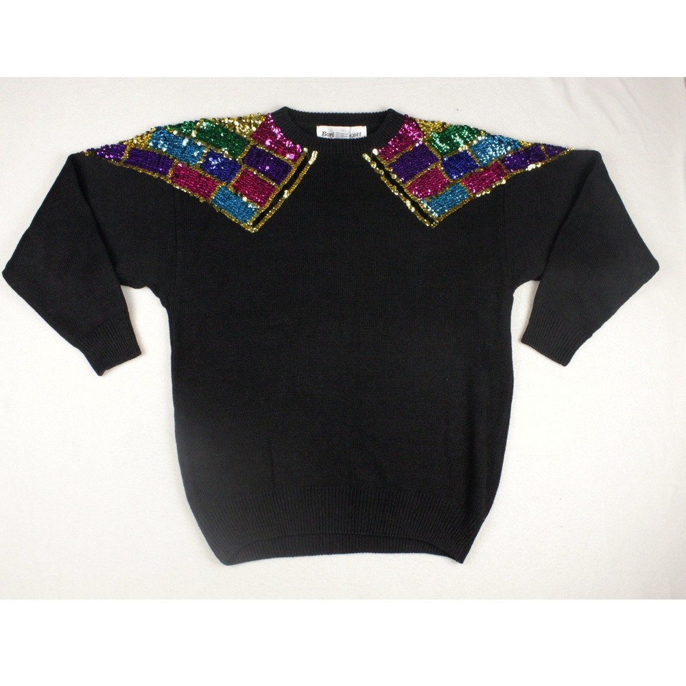 VTG Barbara Scott Sequin Sweater L Black Ramie Cotton Colorblock 80s 90s Glam